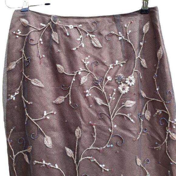 Vtg Rickie Freeman Skirt Formal Overlay Floral Beaded Embroidered Brown Sz 6 - Picture 5 of 11